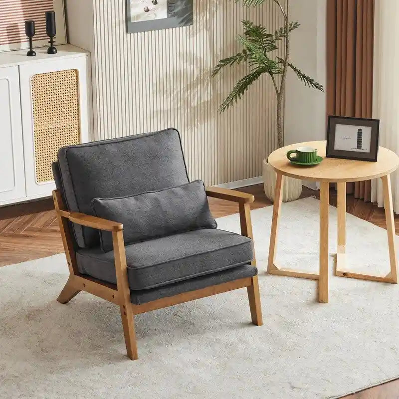 Poltrona d'accento rivestita in misto lino con gambe in legno e cuscino, beige