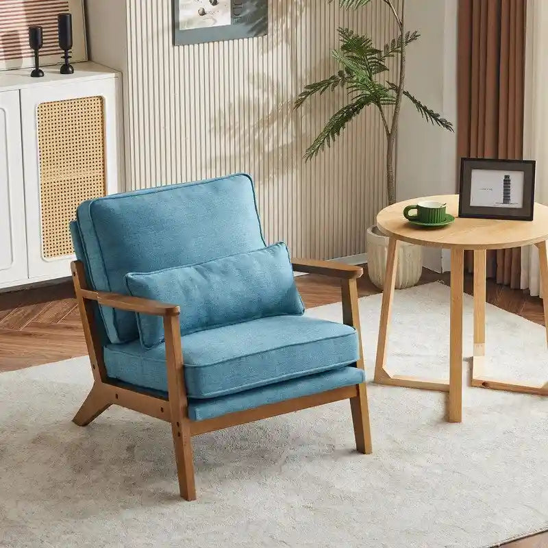 Poltrona d'accento rivestita in misto lino con gambe in legno e cuscino, beige