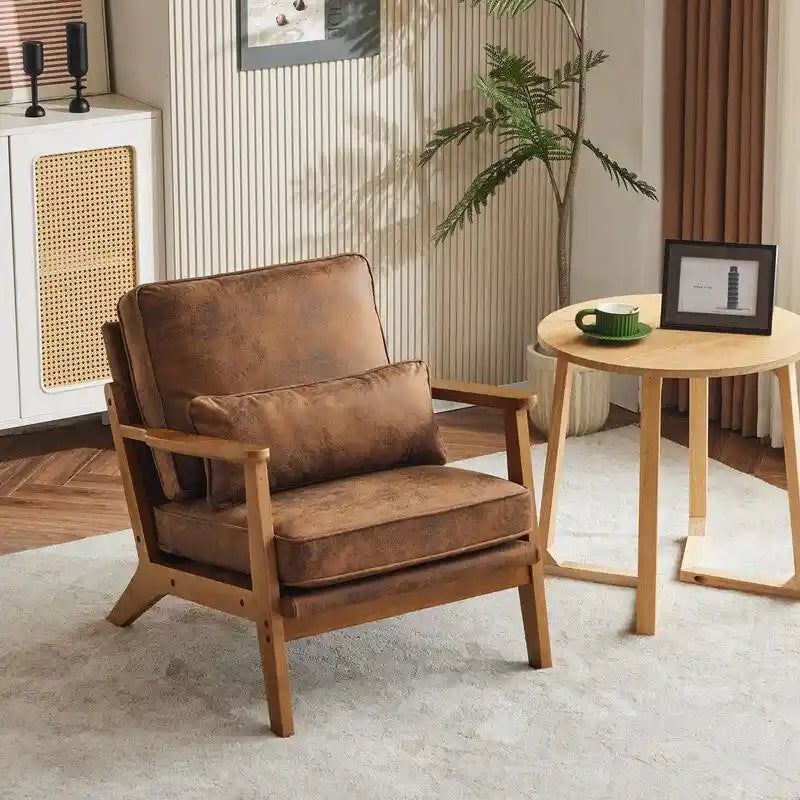 Poltrona d'accento rivestita in misto lino con gambe in legno e cuscino, beige