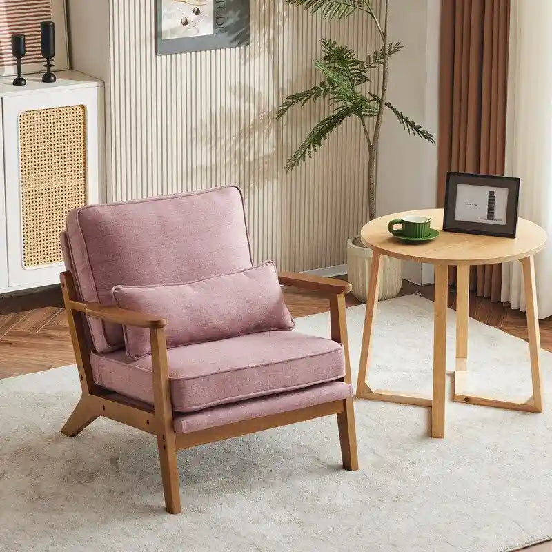 Poltrona d'accento rivestita in misto lino con gambe in legno e cuscino, beige