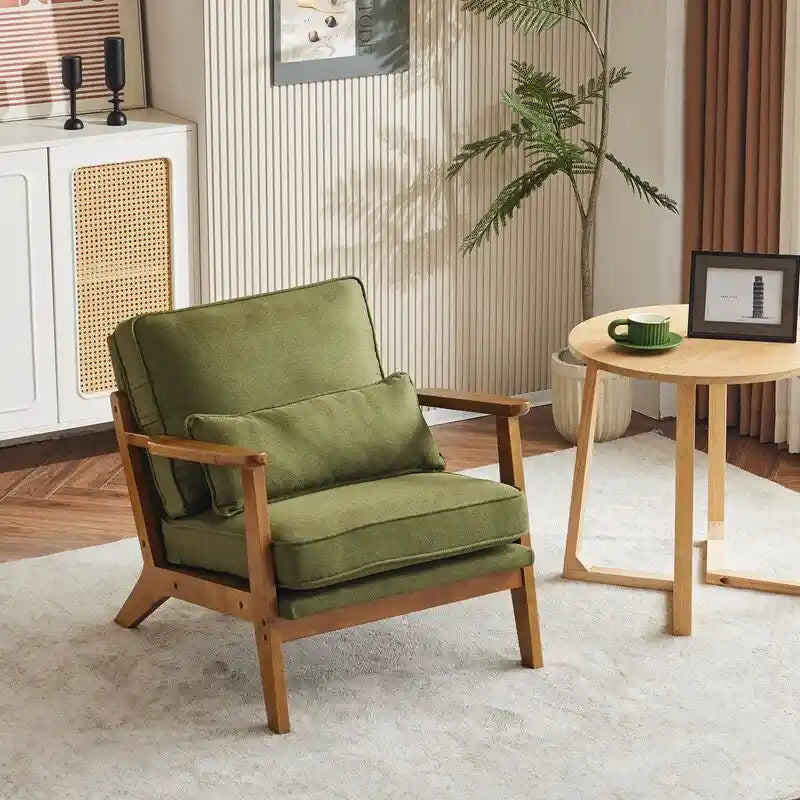 Poltrona d'accento rivestita in misto lino con gambe in legno e cuscino, beige