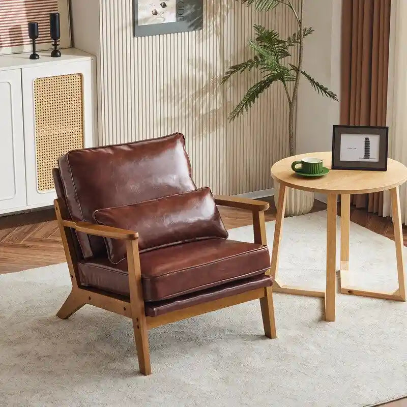 Poltrona d'accento rivestita in misto lino con gambe in legno e cuscino, beige
