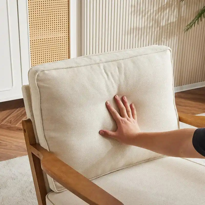 Poltrona d'accento rivestita in misto lino con gambe in legno e cuscino, beige