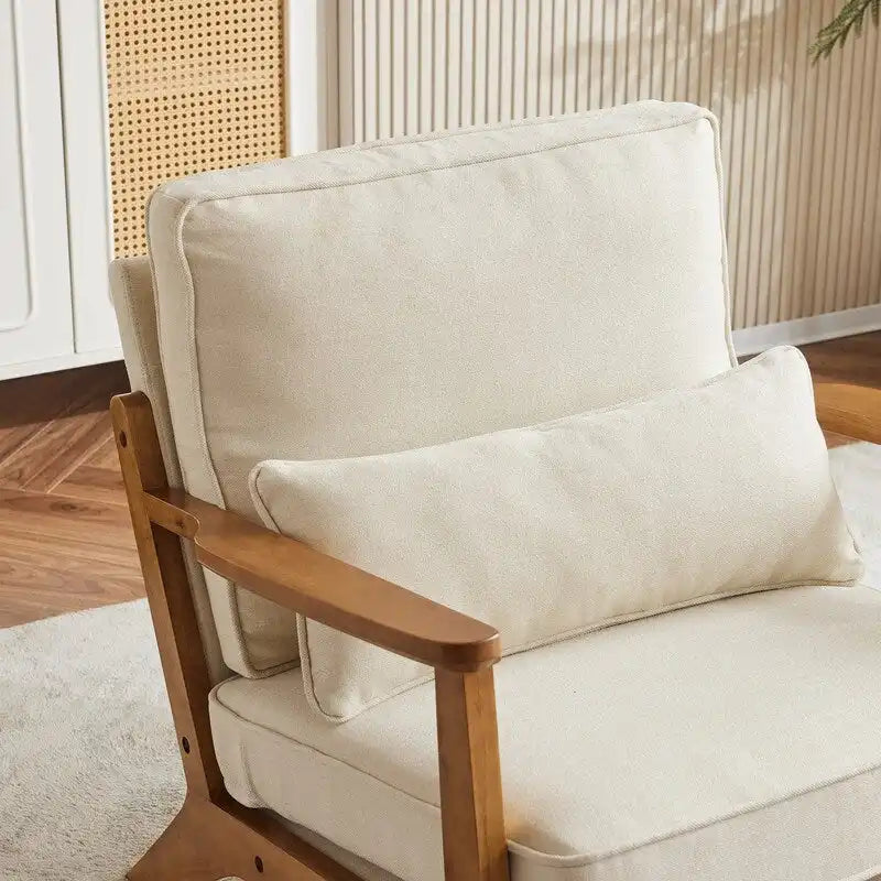 Poltrona d'accento rivestita in misto lino con gambe in legno e cuscino, beige