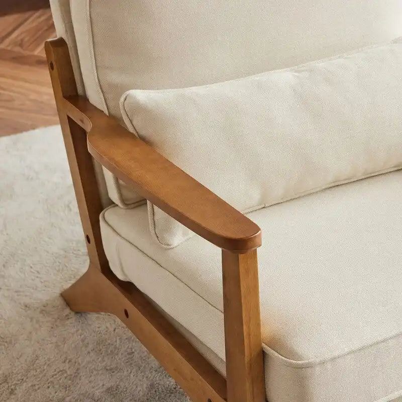 Poltrona d'accento rivestita in misto lino con gambe in legno e cuscino, beige