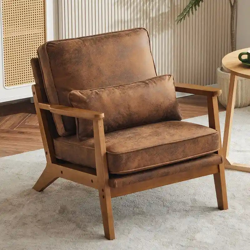 Poltrona d'accento rivestita in misto lino con gambe in legno e cuscino, beige