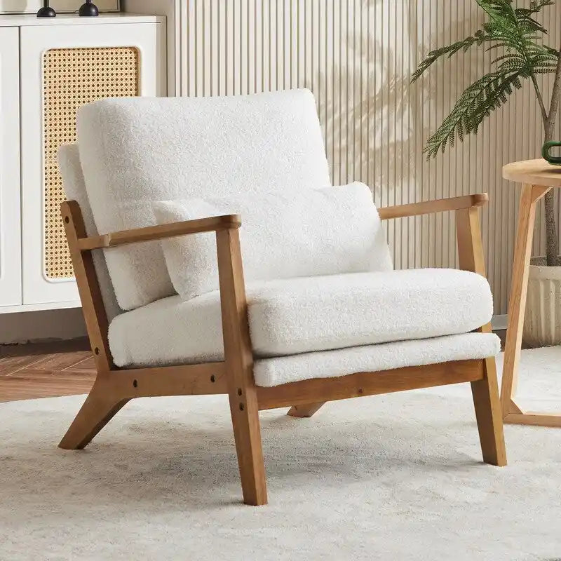 Poltrona d'accento rivestita in misto lino con gambe in legno e cuscino, beige