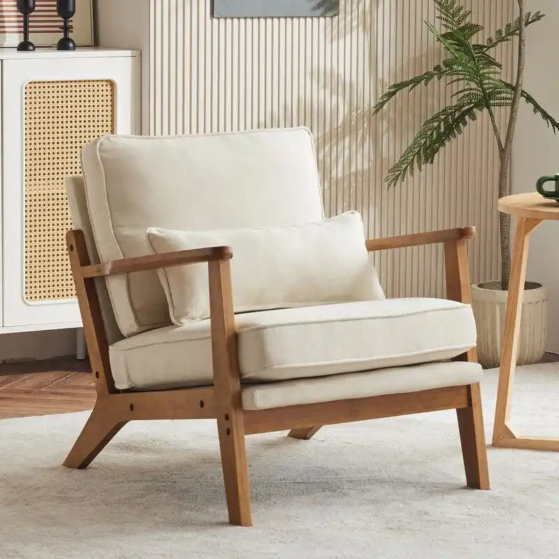 Poltrona d'accento rivestita in misto lino con gambe in legno e cuscino, beige