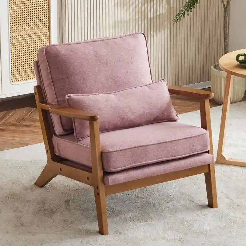 Poltrona d'accento rivestita in misto lino con gambe in legno e cuscino, beige