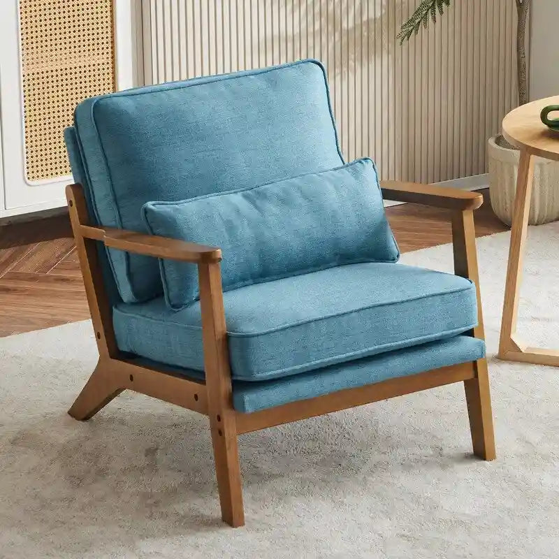 Poltrona d'accento rivestita in misto lino con gambe in legno e cuscino, beige