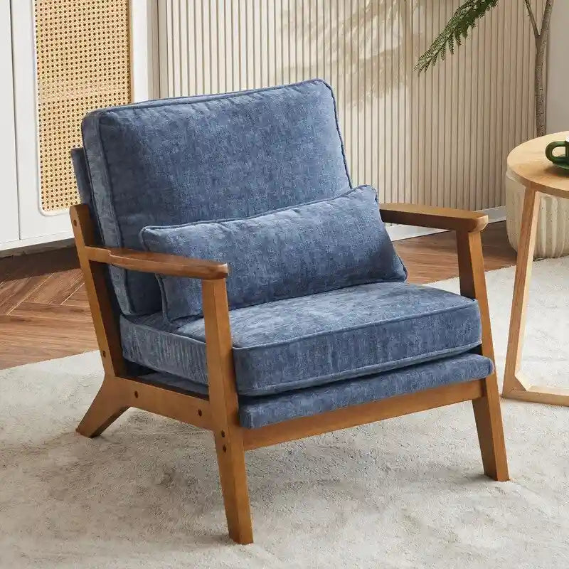 Poltrona d'accento rivestita in misto lino con gambe in legno e cuscino, beige