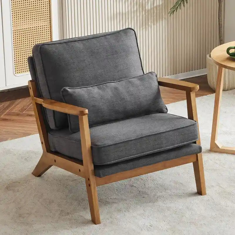 Poltrona d'accento rivestita in misto lino con gambe in legno e cuscino, beige