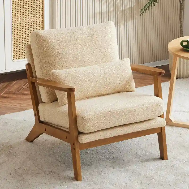 Poltrona d'accento rivestita in misto lino con gambe in legno e cuscino, beige