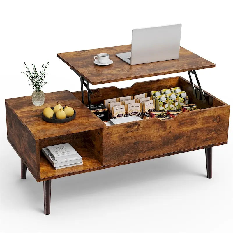 Tavolino da caffè con ripiano contenitore e piano sollevabile in legno