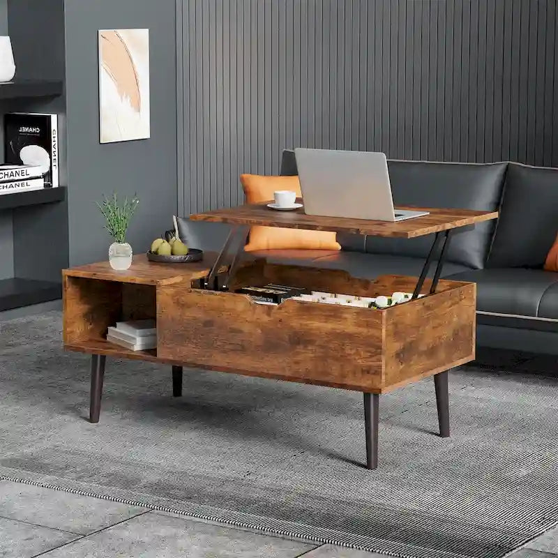 Tavolino da caffè con ripiano contenitore e piano sollevabile in legno