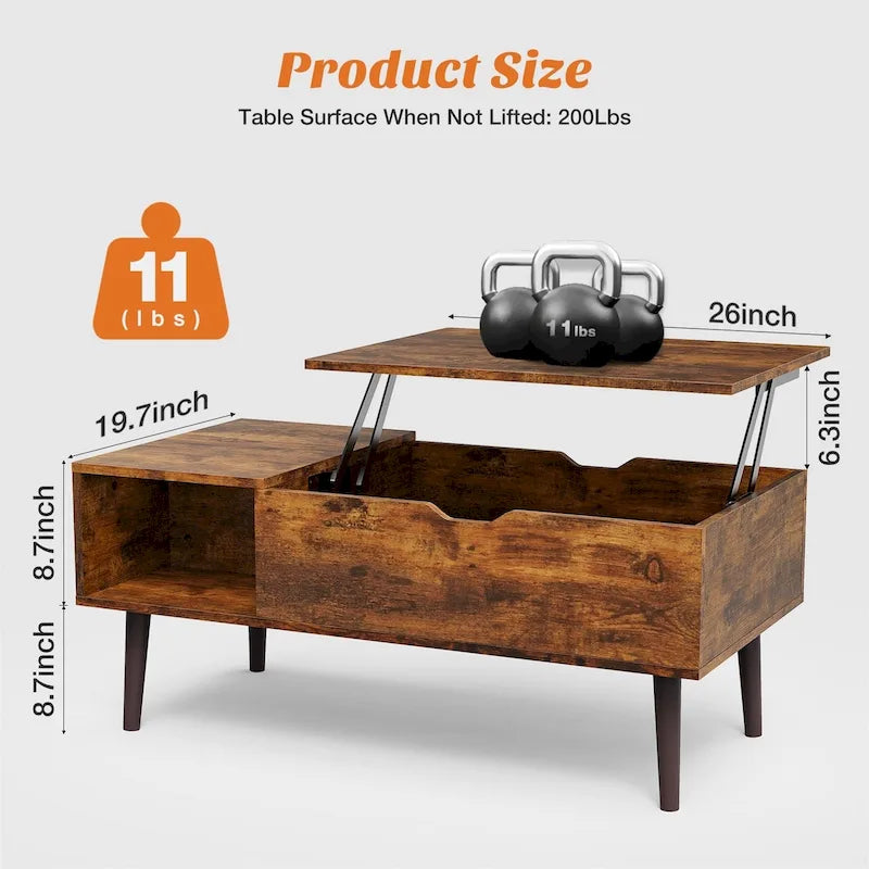 Tavolino da caffè con ripiano contenitore e piano sollevabile in legno