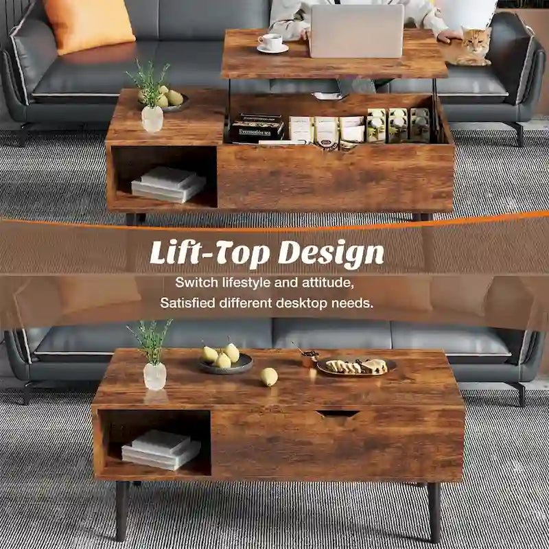 Tavolino da caffè con ripiano contenitore e piano sollevabile in legno