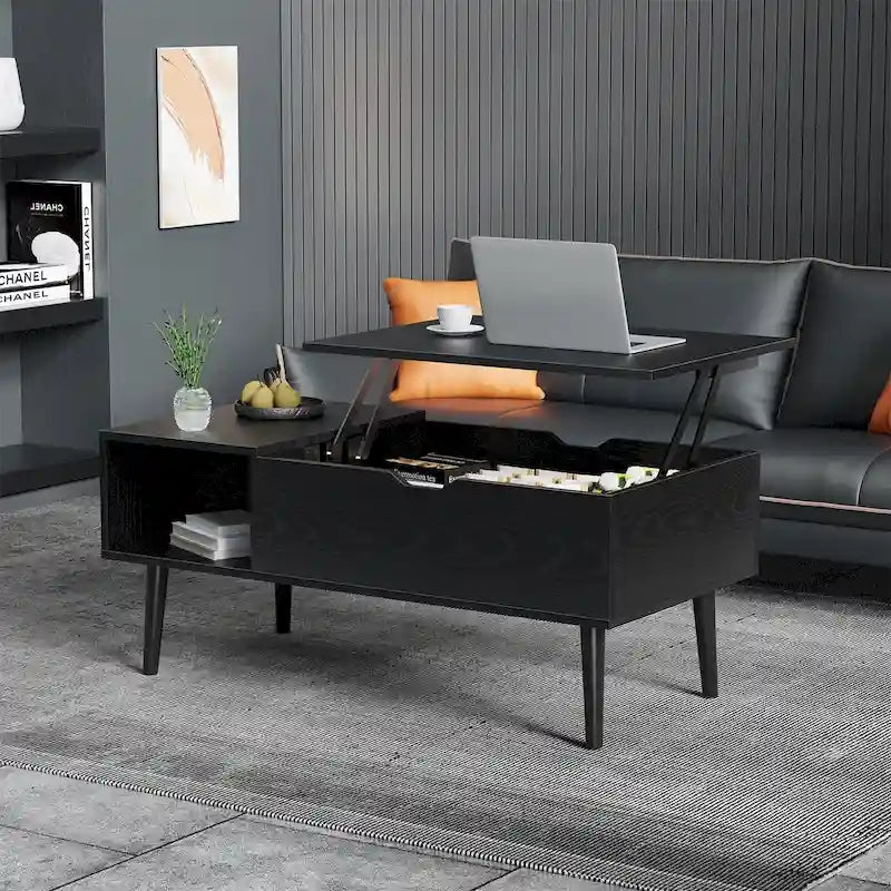 Tavolino da caffè con ripiano contenitore e piano sollevabile in legno