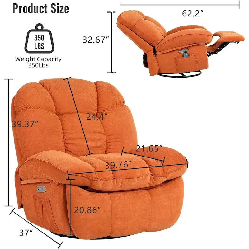 Poltrona reclinabile girevole elettrica, con massaggio, funzione dondolo e calore, USB, USB-C e tasca laterale