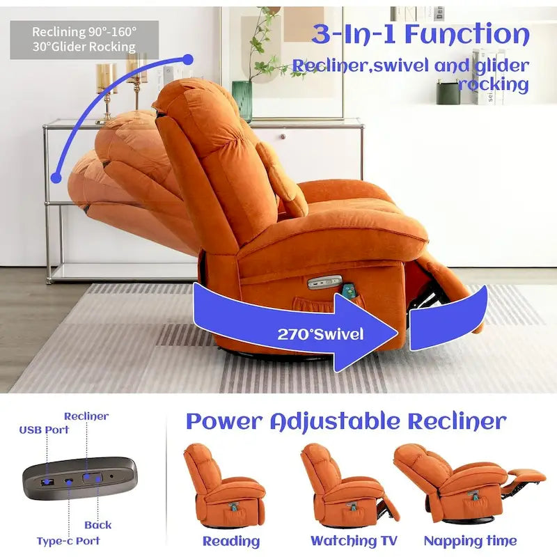 Poltrona reclinabile girevole elettrica, con massaggio, funzione dondolo e calore, USB, USB-C e tasca laterale