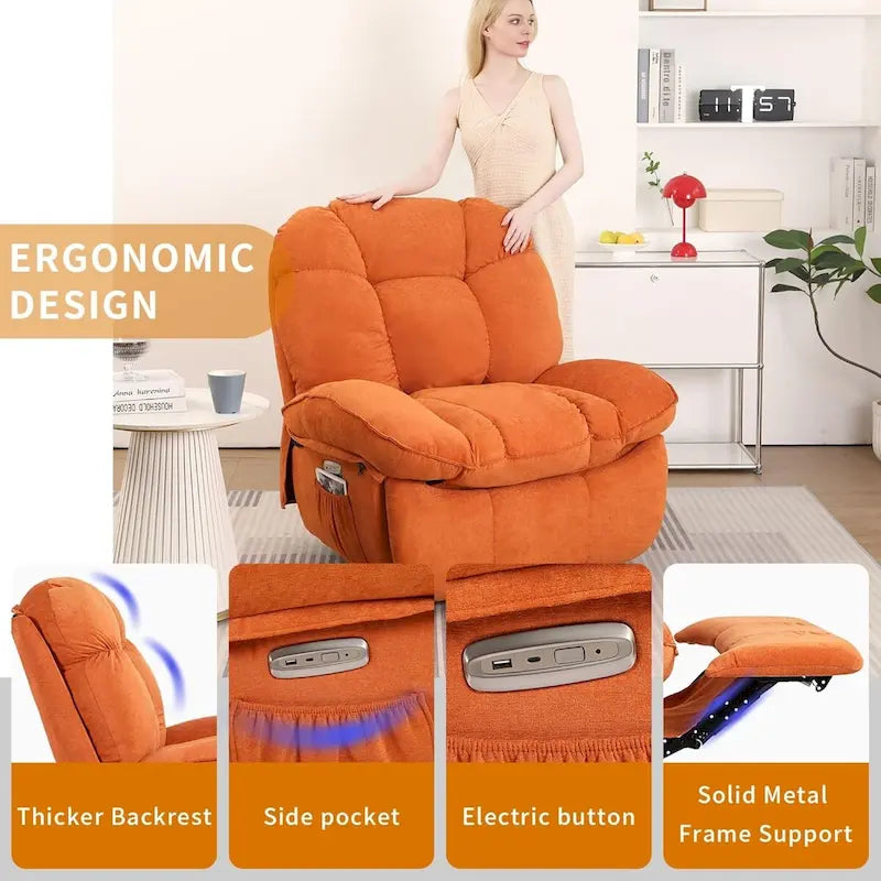 Poltrona reclinabile girevole elettrica, con massaggio, funzione dondolo e calore, USB, USB-C e tasca laterale