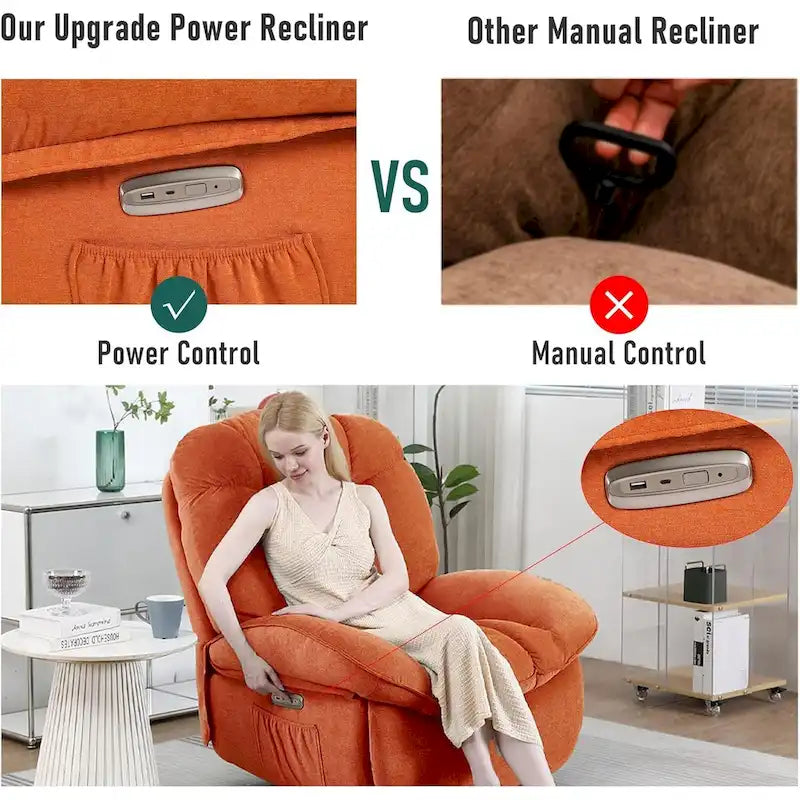 Poltrona reclinabile girevole elettrica, con massaggio, funzione dondolo e calore, USB, USB-C e tasca laterale