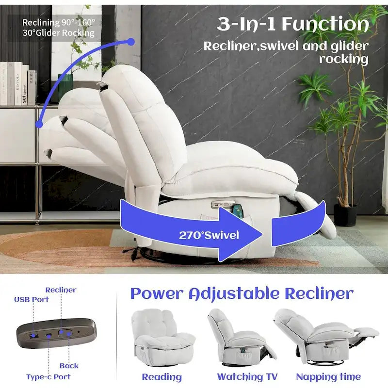 Poltrona reclinabile girevole elettrica, con massaggio, funzione dondolo e calore, USB, USB-C e tasca laterale
