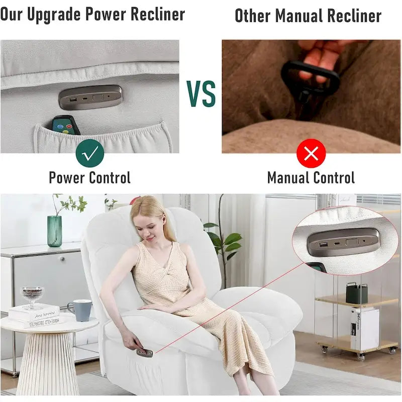 Poltrona reclinabile girevole elettrica, con massaggio, funzione dondolo e calore, USB, USB-C e tasca laterale