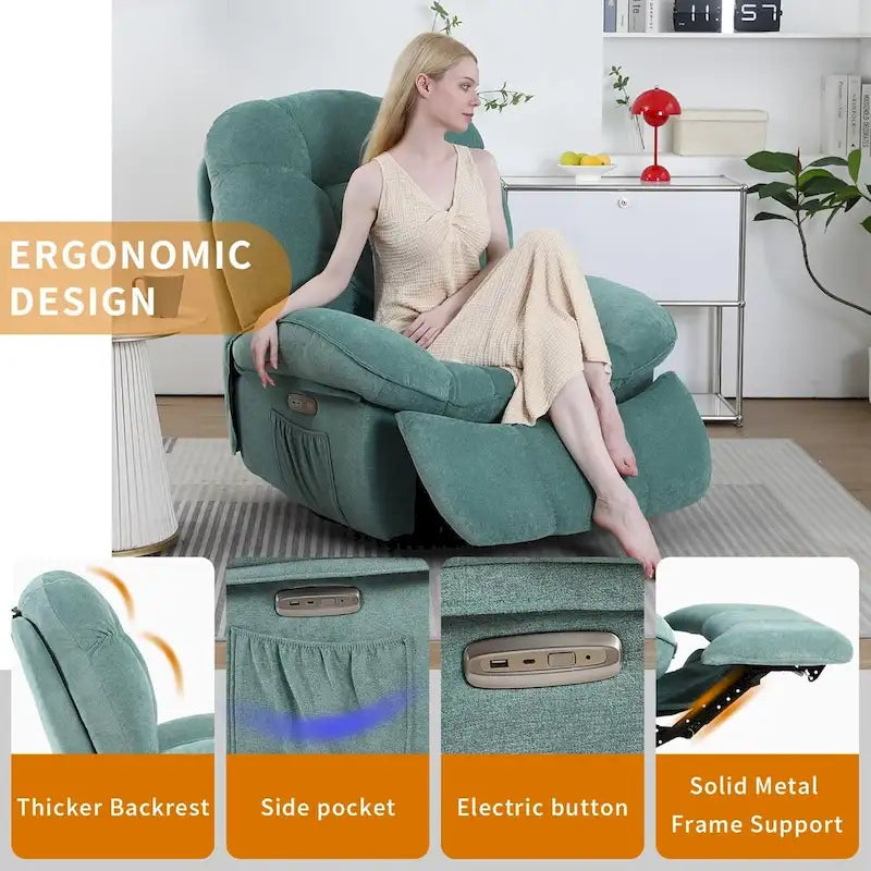 Poltrona reclinabile girevole elettrica, con massaggio, funzione dondolo e calore, USB, USB-C e tasca laterale