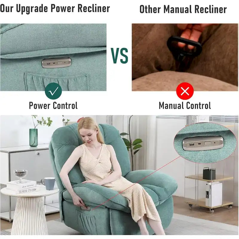 Poltrona reclinabile girevole elettrica, con massaggio, funzione dondolo e calore, USB, USB-C e tasca laterale