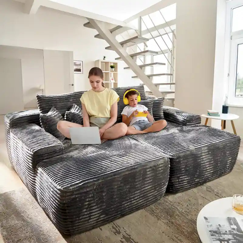 Divano lungo doppio chaise in peluche
