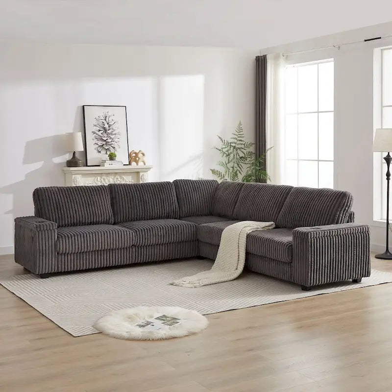 Divano angolare a L in velluto a coste oversize da 280 cm con contenitore, porta USB, porta Type-C e portabicchieri