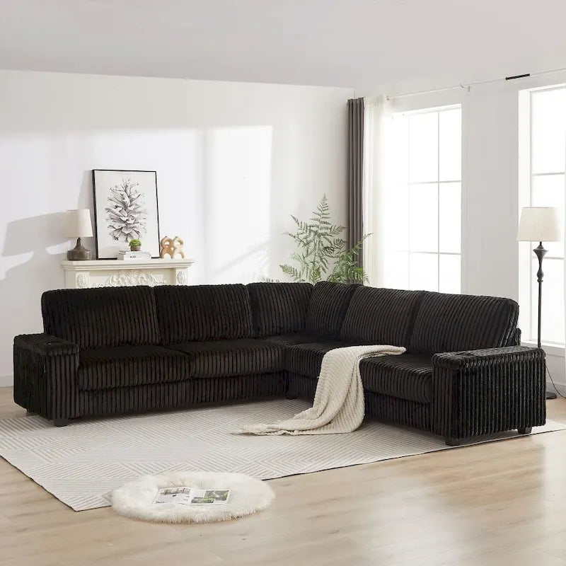 Divano angolare a L in velluto a coste oversize da 280 cm con contenitore, porta USB, porta Type-C e portabicchieri