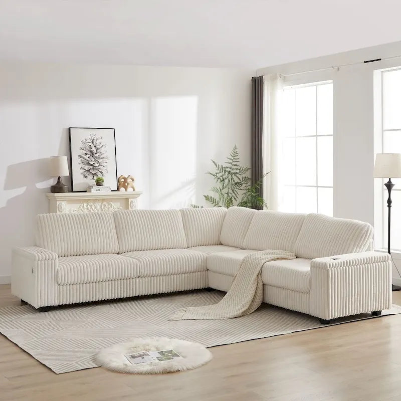 Divano angolare a L in velluto a coste oversize da 280 cm con contenitore, porta USB, porta Type-C e portabicchieri