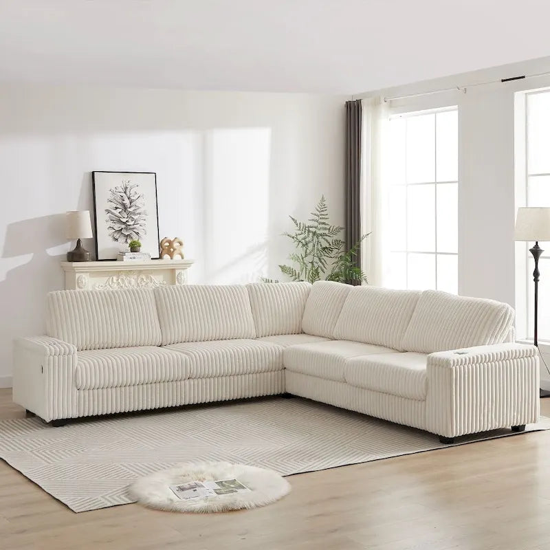 Divano angolare a L in velluto a coste oversize da 280 cm con contenitore, porta USB, porta Type-C e portabicchieri