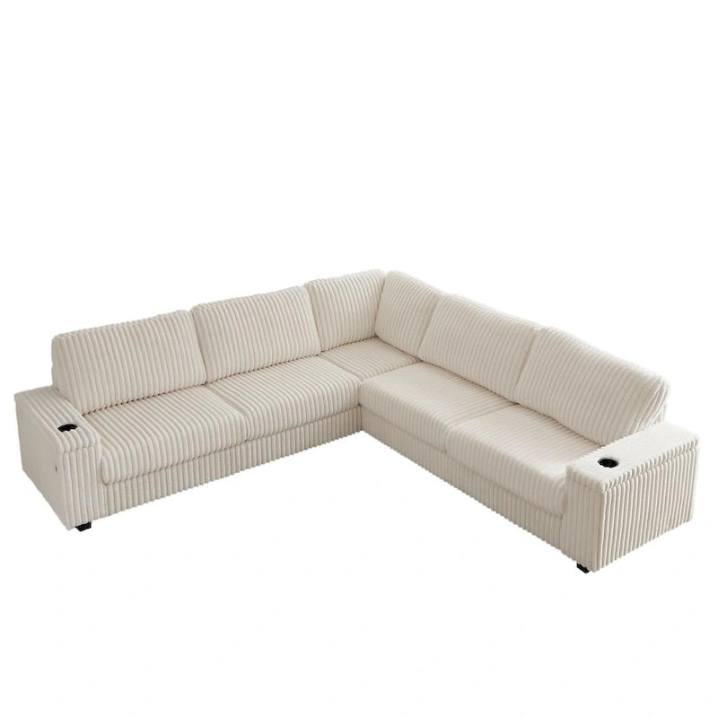 Divano angolare a L in velluto a coste oversize da 280 cm con contenitore, porta USB, porta Type-C e portabicchieri