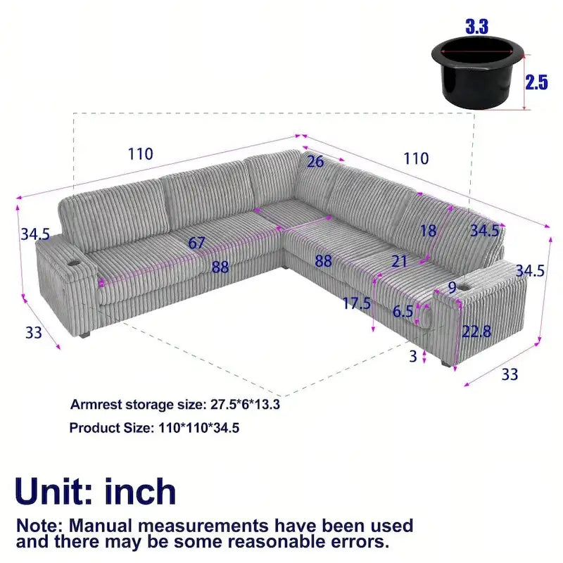 Divano angolare a L in velluto a coste oversize da 280 cm con contenitore, porta USB, porta Type-C e portabicchieri